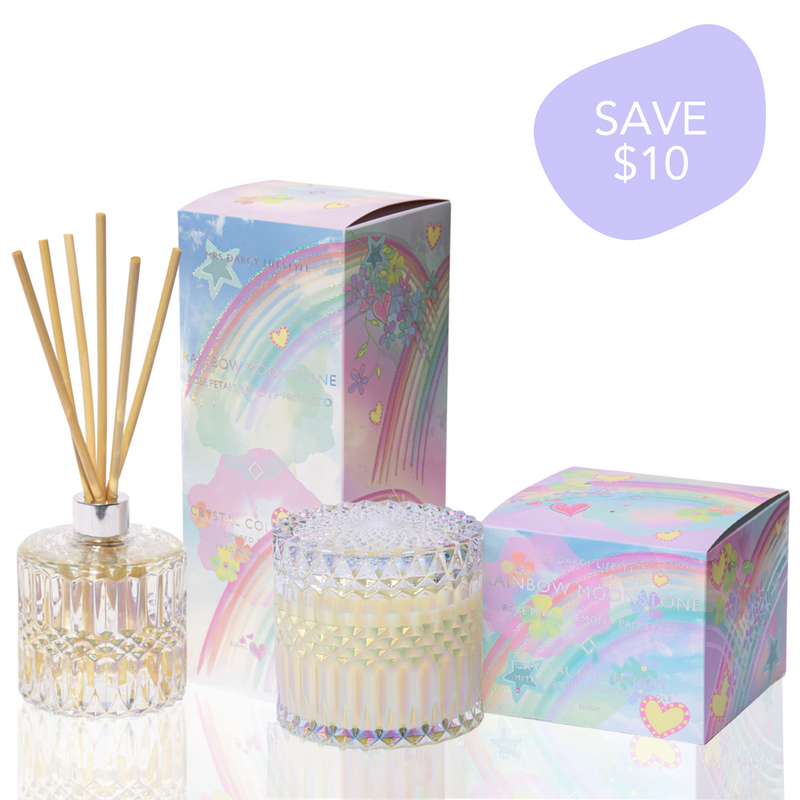 PERFECT PAIR - Rainbow Moonstone - Crystal Candle + Diffuser Set